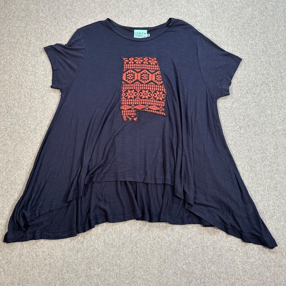 Judith March Embroidered Alabama Tunic Top Women's Medium Navy Blue Short Sleeve